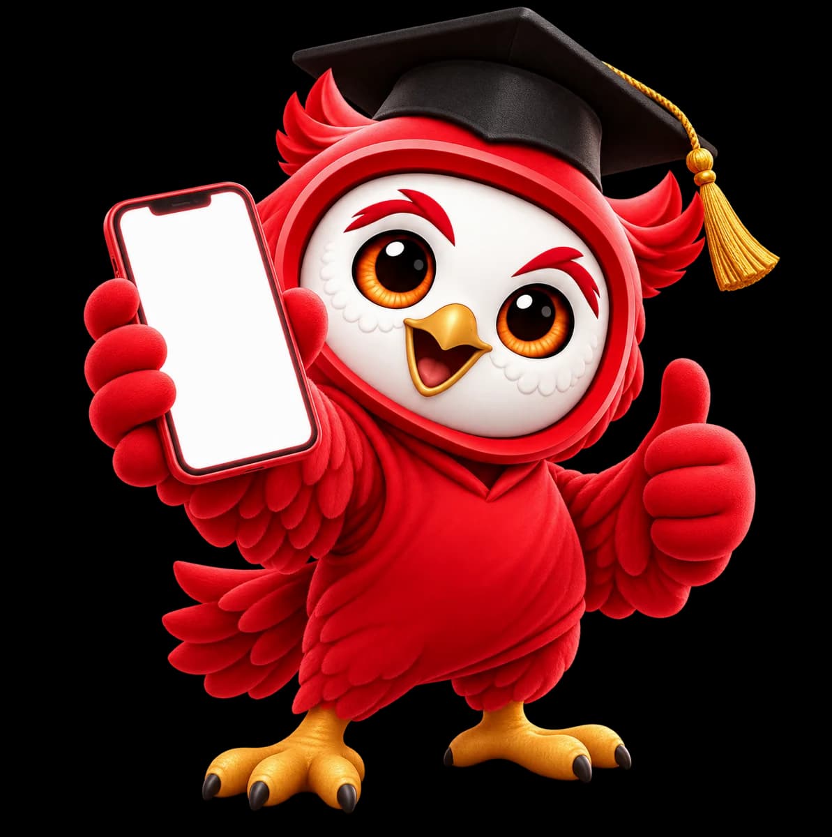 Coruja da Educart de capelo mostrando o aplicativo no celular e fazendo joinha